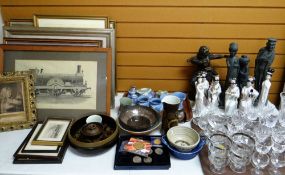 ASSORTED GROUP OF CUT GLASS, DENBY POTTERY, CHINESE PORCELAIN FIGURINES of a female orchestra,