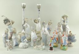 COLLECTION OF LLADRO & OTHER FIGURINES including two table lamps