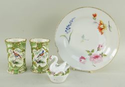 SWANSEA PORCELAIN DESSERT DISH and PAIR STAFFORDSHIRE SPILL VASES and STAFFORDSHIRE SWAN, the dish