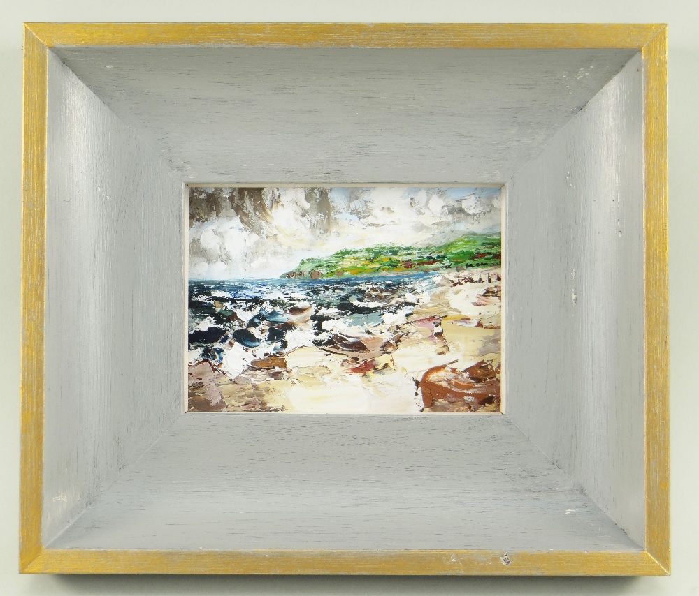 NATHAN JONES oils on card - three semi abstract landscapes including beach scenes, all similarly - Image 2 of 4