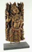 CARVED BALINESE WOOD SCULPTURE OF A DANCER, 66cms high on plinth base