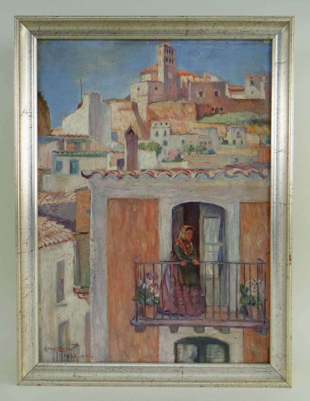 STUART BOYD oil on board - Balearic Islands townscape with figure on a ...