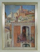 STUART BOYD oil on board - Balearic Islands townscape with figure on a balcony, signed and inscribe