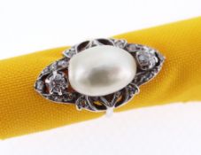 PLATINUM SET PEARL & DIAMOND DRESS RING, the baroque pearl (12 x 9mms) complemented by diamonds