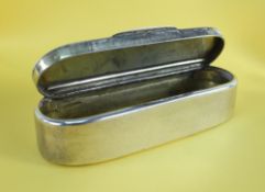 BELIEVED 19TH CENTURY SILVER SNUFF BOX of plain oblong form with hinged lid, rubbed hallmarks, 82.