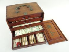 VINTAGE CHINESE MAH JONG SET, in hardwood box with brass handle, containing full set of bamboo-