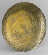 JAPANESE BRONZE DISH BY THE HAMADA STUDIO, decorated with four tsuru amongst reeds beside water,