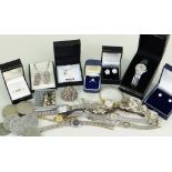 ASSORTED JEWELLERY, SILVER, COINS & WATCHES comprising 14k gold semi-precious single stone ring,