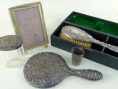 ASSORTED SILVER ITEMS including silver backed brush, hand mirror and jar, EPNS photo frame ETC