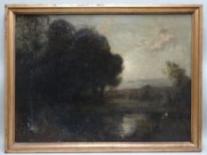 ATTRIBUTED TO ALEXANDER CARRUTHERS GOULD oil on canvas - wooded landscape beside pond with figure to