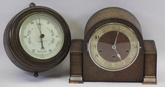 VINTAGE MANTEL CLOCK & A T J WILLIAMS & SON CARDIFF CIRCULAR WALL BAROMEMTER, 21cms diameter