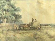 ATTRIBUTED TO DAVID COX watercolour - hay making scene with figures and horses etc and threatening