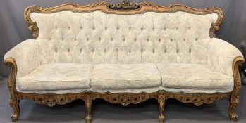 CONTINENTAL CARVED WALNUT THREE SEATER BUTTON BACK UPHOLSTERED SETTEE, 90cms H, 202cms overall W,