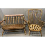 ERCOL STICK BACK ARMCHAIR and a spindle back wood seated couch, unbranded, 103cms H, 76cms W, 48.