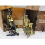 TWO CASED LABORATORY MICROSCOPES including a student Japanned and brass by W Watson & Sons Ltd