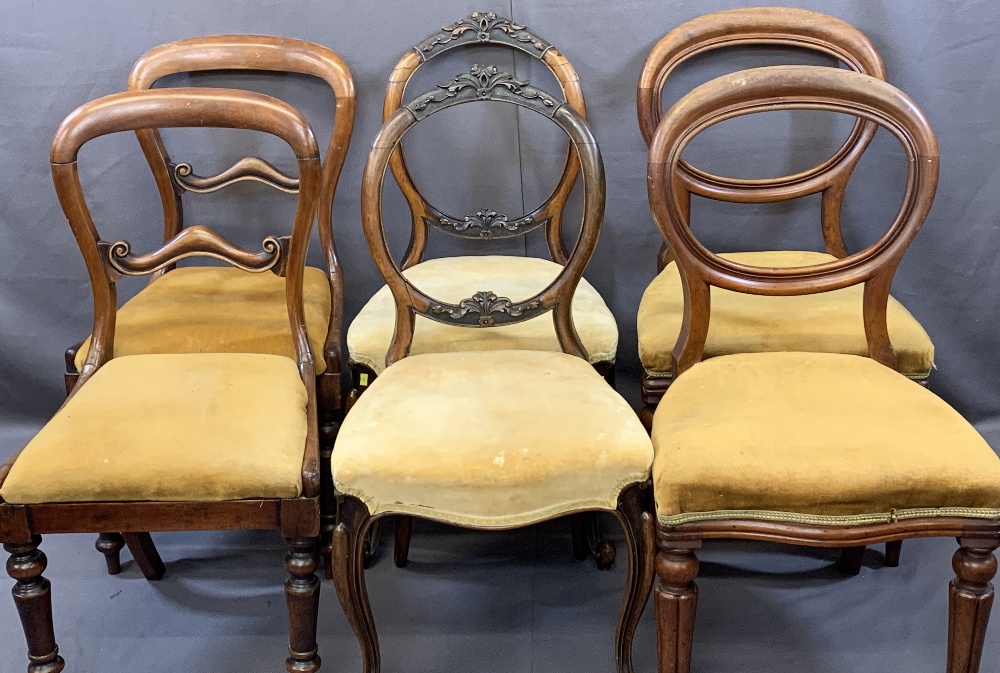SIX VICTORIAN SALON CHAIRS, three pairs to include two with carved central rails and drop-on seats