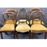 SIX VICTORIAN SALON CHAIRS, three pairs to include two with carved central rails and drop-on seats