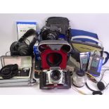 PHOTOGRAPHY ASSORTMENT including cased Exakta camera, lenses and associated and similar items