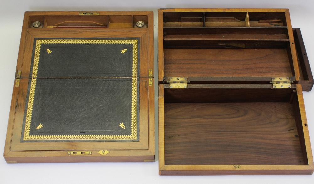 VICTORIAN WRITING SLOPES (2) including a walnut example with brass mounted corners, 15.5cms H, 40.