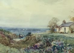 JOSEPH HUGHES CLAYTON watercolour - Anglesey coastal cottage with distant yachts, signed, 24 x