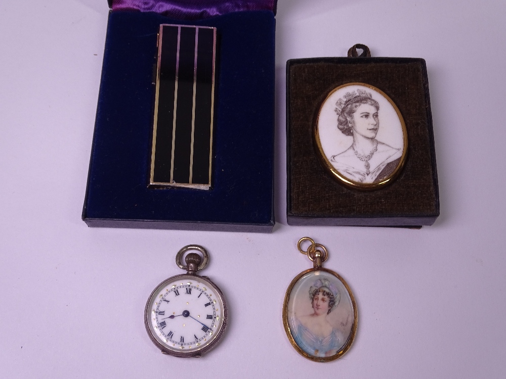 SILVER CASED VINTAGE LADY'S FOB WATCH, signed oval portrait miniature in gilt metal frame, Queen's