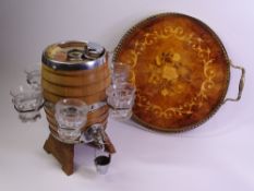 VINTAGE SCHNAPPS BARREL with accompanying glasses, 27cms tall and a lacquered gallery tray, 30cms