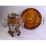 VINTAGE SCHNAPPS BARREL with accompanying glasses, 27cms tall and a lacquered gallery tray, 30cms