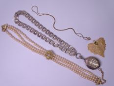 VICTORIAN CHASE DECORATED OVAL LOCKET ON CHAIN, Ciro simulated pearl choker and gilt metal leaf