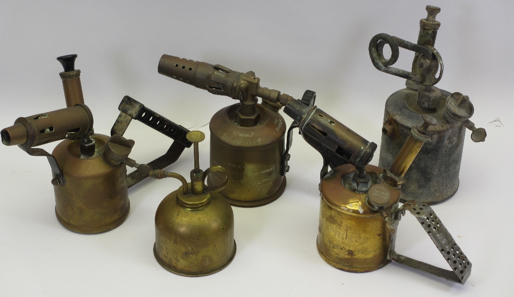 VINTAGE BEAM SCALES, four vintage brass blow lamps and an oil can - Image 3 of 3