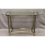 MODERN GLASS TOP & SATIN BRASS EFFECT CONSOLE TABLE, 68.5cms H, 122cms W, 45.5cms D