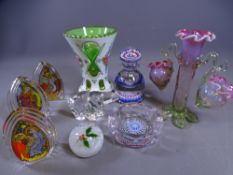 MILLEFIORI GLASSWARE, re-fashioned scent bottle, paperweights, Vaseline and Cranberry vase and an