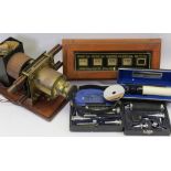 VINTAGE BELL PULL ROOM INDICATOR, part magic lantern and three vintage cased ophthalmoscopes