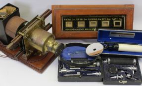 VINTAGE BELL PULL ROOM INDICATOR, part magic lantern and three vintage cased ophthalmoscopes