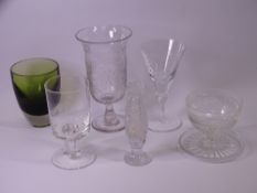 ETCHED GLASS TRUMPET SHAPED VASE ON A PEDESTAL, commemorative glassware ETC