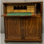 REGENCY MAHOGANY SECRETAIRE CHEST with boxwood stringing, the upper drop-down drawer front opening