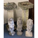 ORNAMENTAL GARDEN WARE, FIVE ITEMS to include a square top bird bath and sun dial on matching column