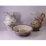 STAFFORDSHIRE POTTERY JUG & WASH BASIN SET, patterned with ducks in flight and another jug