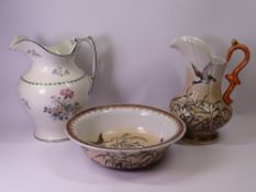 STAFFORDSHIRE POTTERY JUG & WASH BASIN SET, patterned with ducks in flight and another jug