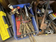 TOOLS - large quantity of vintage tools and garage items in a wooden box, a tub and a toolbox ETC