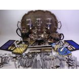 ELECTROPLATE TWIN HANDLED TRAY, large quantity of cased and loose flatware and an assortment of