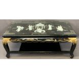 CHINESE BLACK LACQUER SHIBAYAMA TYPE COFFEE TABLE with mother of pearl applied and painted detail,