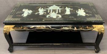 CHINESE BLACK LACQUER SHIBAYAMA TYPE COFFEE TABLE with mother of pearl applied and painted detail,