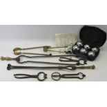 CASED SET OF MODERN BOULES, a mixed selection of fireside irons and two vintage pairs of sugar nips