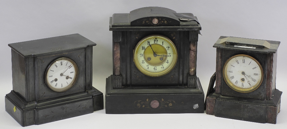 THREE VICTORIAN SLATE MANTEL CLOCKS in varying conditions for restoration, 30cms H, 30cms W, 15cms D