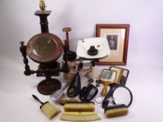 VINTAGE KITCHEN OR SHOP SCALES WITH WEIGHTS, treen items including dressing table mirror and brush