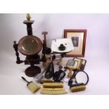 VINTAGE KITCHEN OR SHOP SCALES WITH WEIGHTS, treen items including dressing table mirror and brush