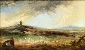 ATTRIBUTED TO DAVID COX oil on panel - heavy clouds with windmill on a hill and two figures with