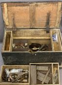 VINTAGE PINE TOOLBOX & CONTENTS, 38cms H, 81cms W, 42cms D