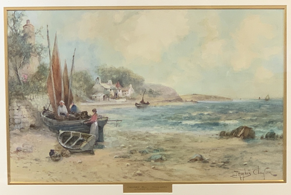 JOSEPH HUGHES CLAYTON watercolour - Anglesey coastal cottages with boats and figures, signed and