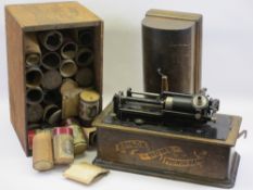 THOMAS A EDISON HOME PHONOGRAPH & CYLINDER RECORDS, oak cased (no horn, cannot say working or not)